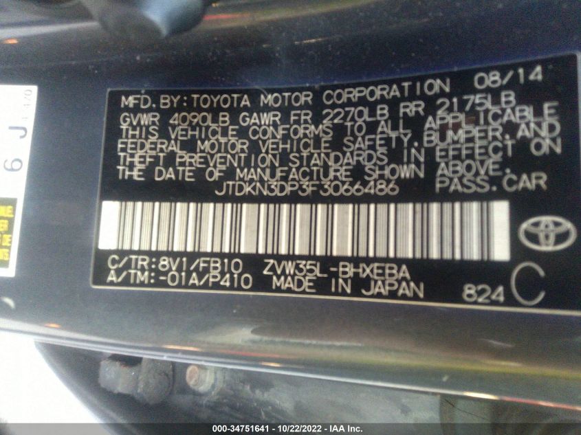 2015 TOYOTA PRIUS PLUG-IN JTDKN3DP3F3066486