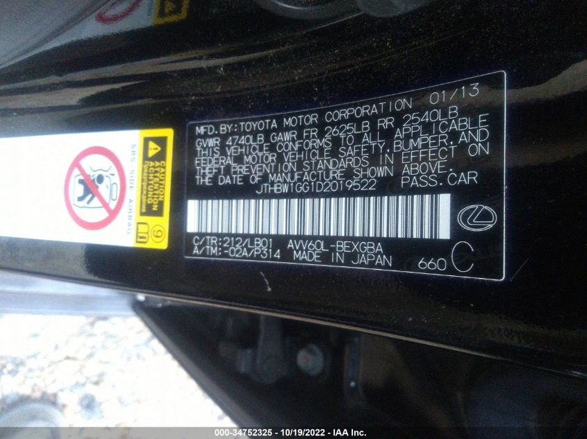 2013 LEXUS ES 300H HYBRID JTHBW1GG1D2019522