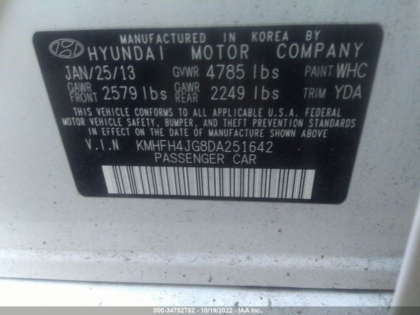 2013 HYUNDAI AZERA KMHFH4JG8DA251642