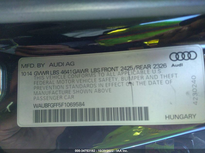 2015 AUDI S3/A3 2.0T PREMIUM PLUS WAUBFGFF5F1069584