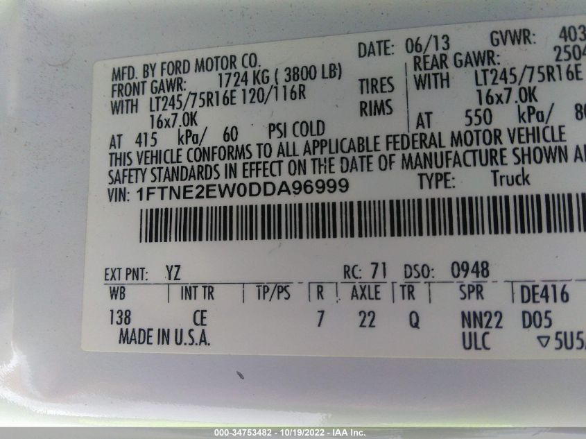 2013 FORD ECONOLINE CARGO VAN COMMERCIAL/RECREATIONAL 1FTNE2EW0DDA96999