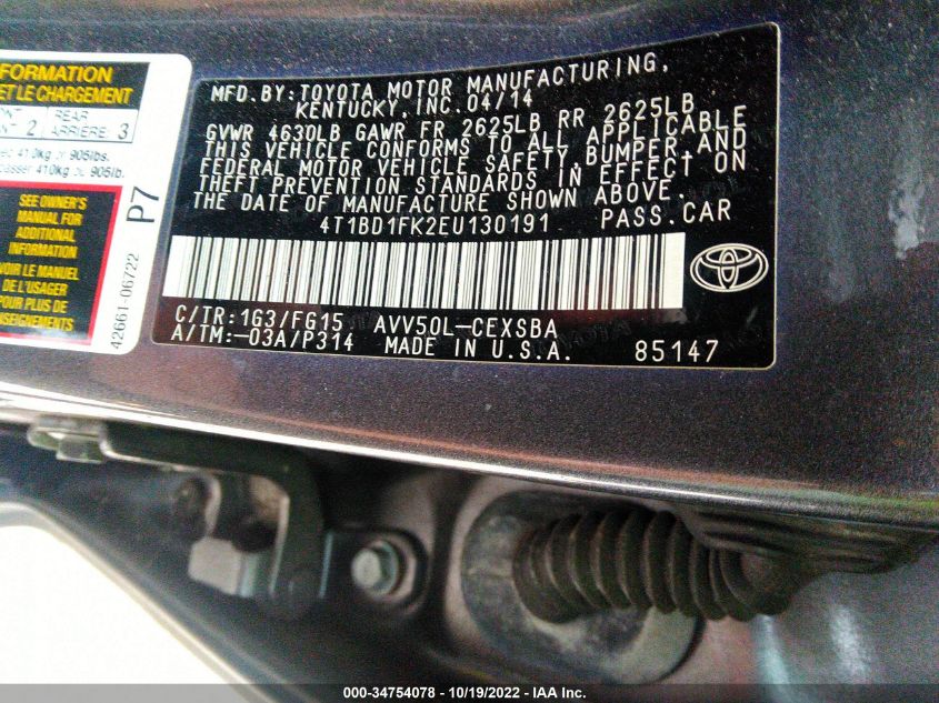 2014 TOYOTA CAMRY HYBRID LE/XLE/SE LIMITED EDITION 4T1BD1FK2EU130191