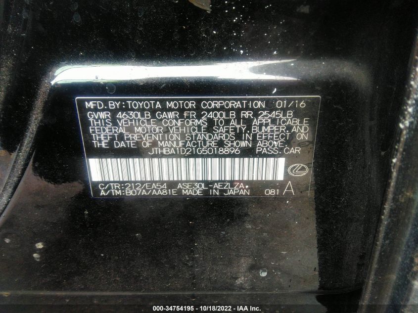 2016 LEXUS IS 200T JTHBA1D21G5018896
