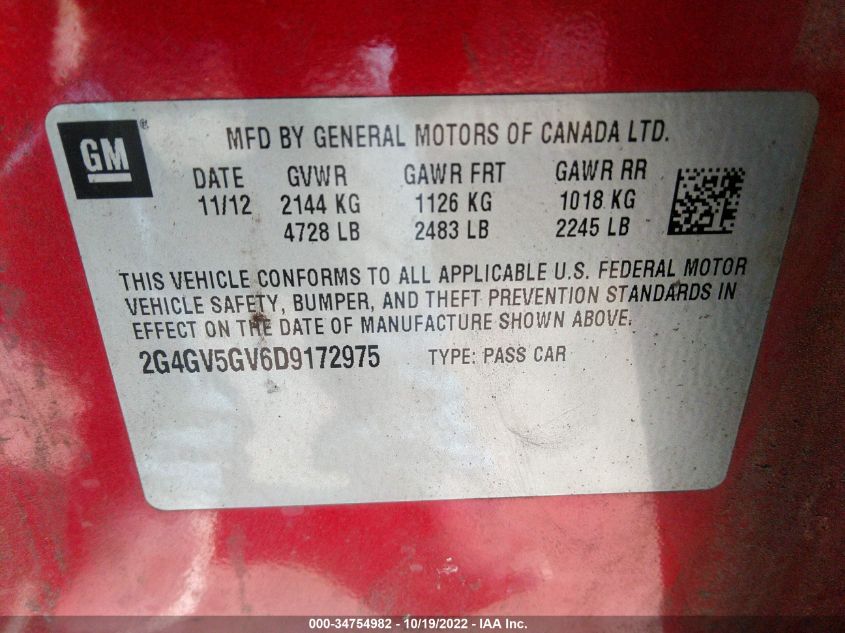 2013 BUICK REGAL GS 2G4GV5GV6D9172975