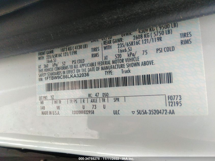2020 FORD TRANSIT-350 CARGO VAN - 1FTBW9C86LKA32036