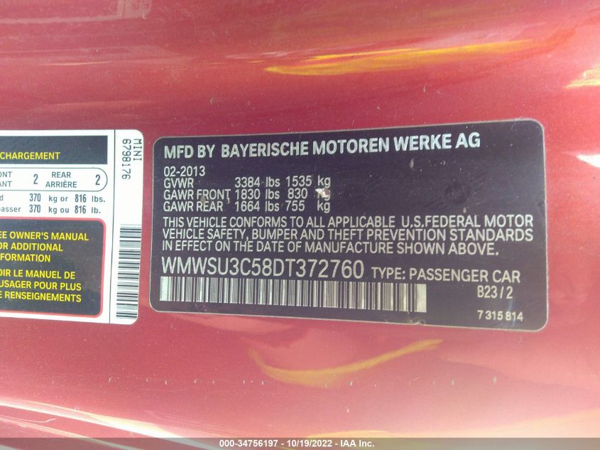 2013 MINI COOPER HARDTOP WMWSU3C58DT372760