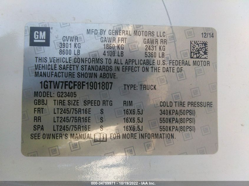 2015 GMC SAVANA CARGO VAN 1GTW7FCF8F1901807