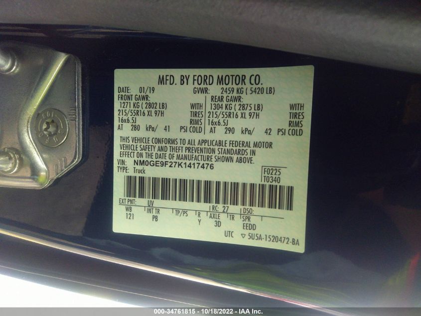 2019 FORD TRANSIT CONNECT WAGON XLT NM0GE9F27K1417476