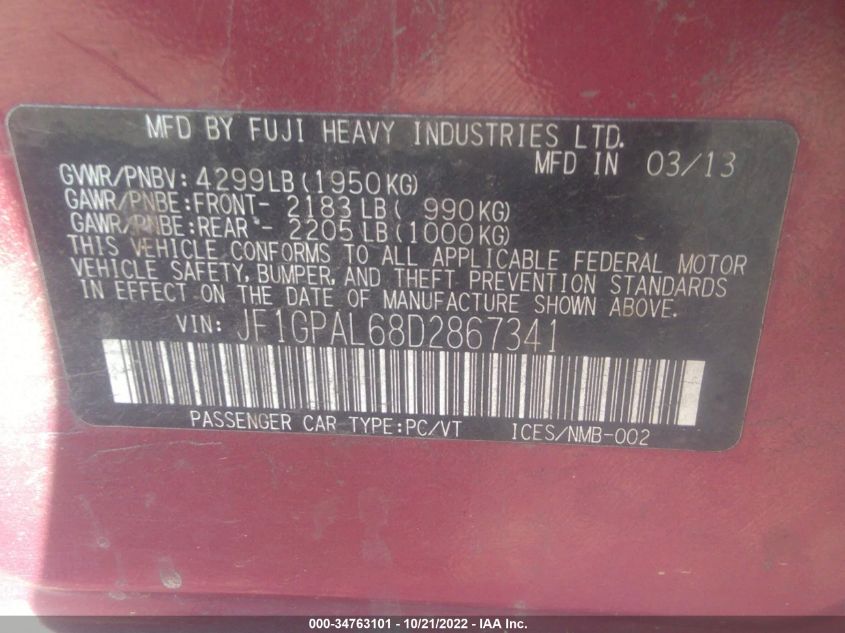 2013 SUBARU IMPREZA WAGON 2.0I SPORT PREMIUM - JF1GPAL68D2867341