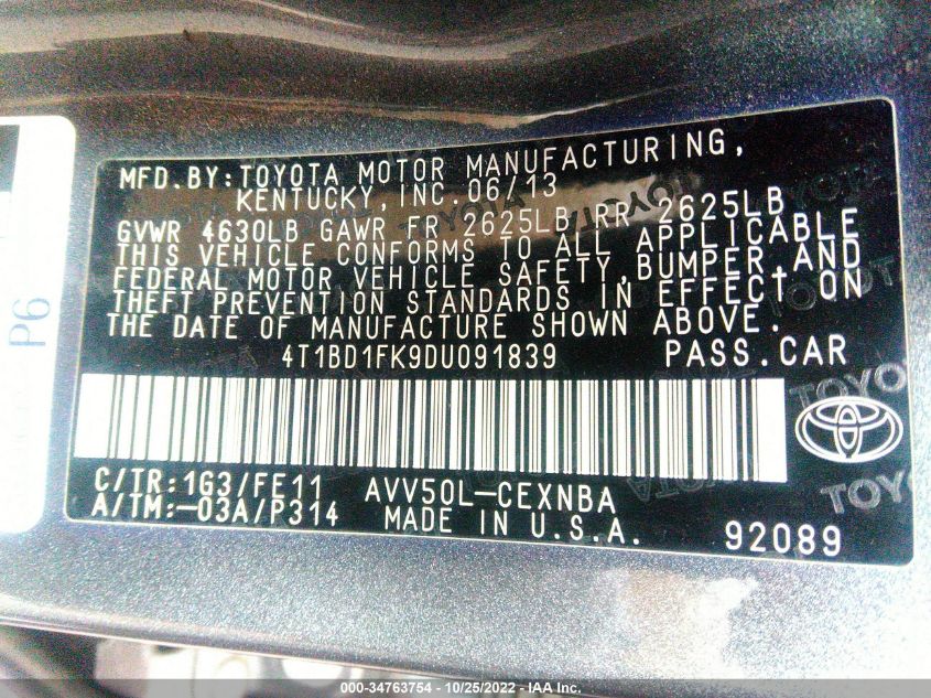 2013 TOYOTA CAMRY HYBRID LE/XLE 4T1BD1FK9DU091839