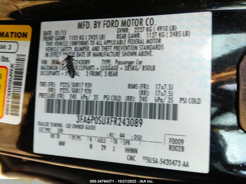 2015 FORD FUSION ENERGI TITANIUM 3FA6P0SUXFR243089