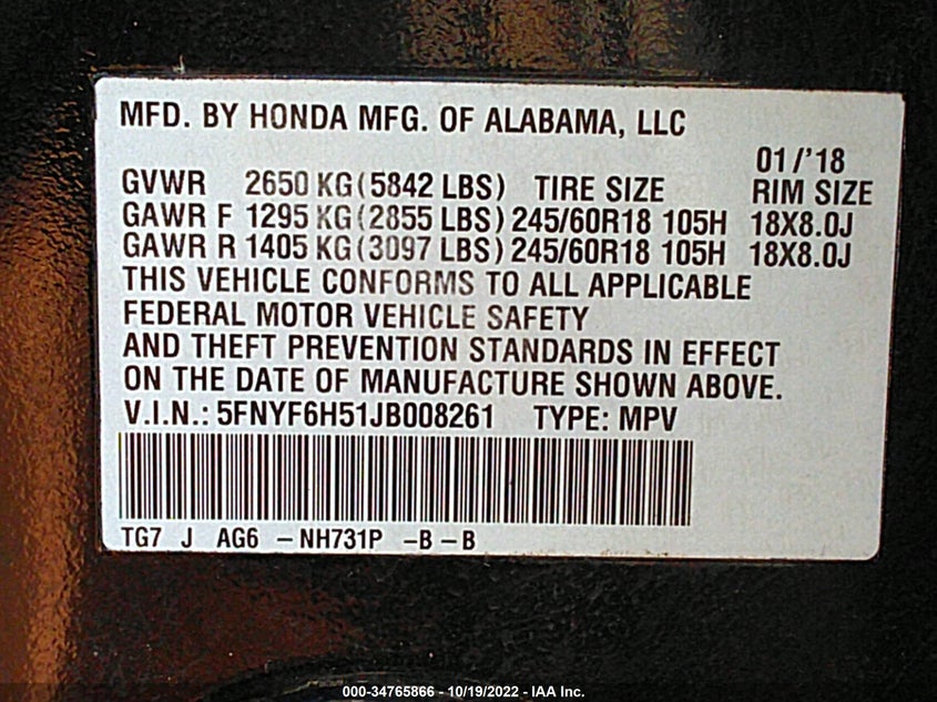 VIN 5FNYF6H51JB008261 2018 HONDA PILOT EX-L