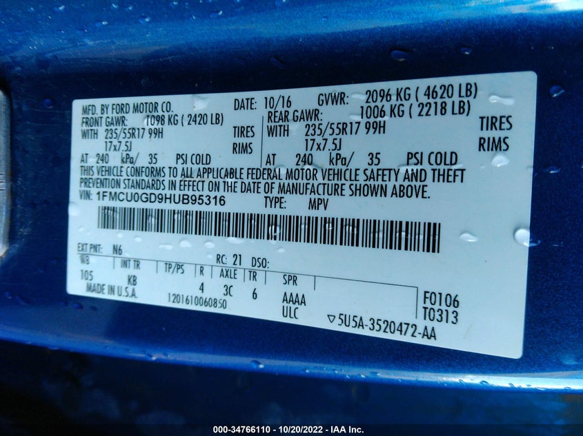 VIN 1FMCU0GD9HUB95316 2017 FORD ESCAPE SE