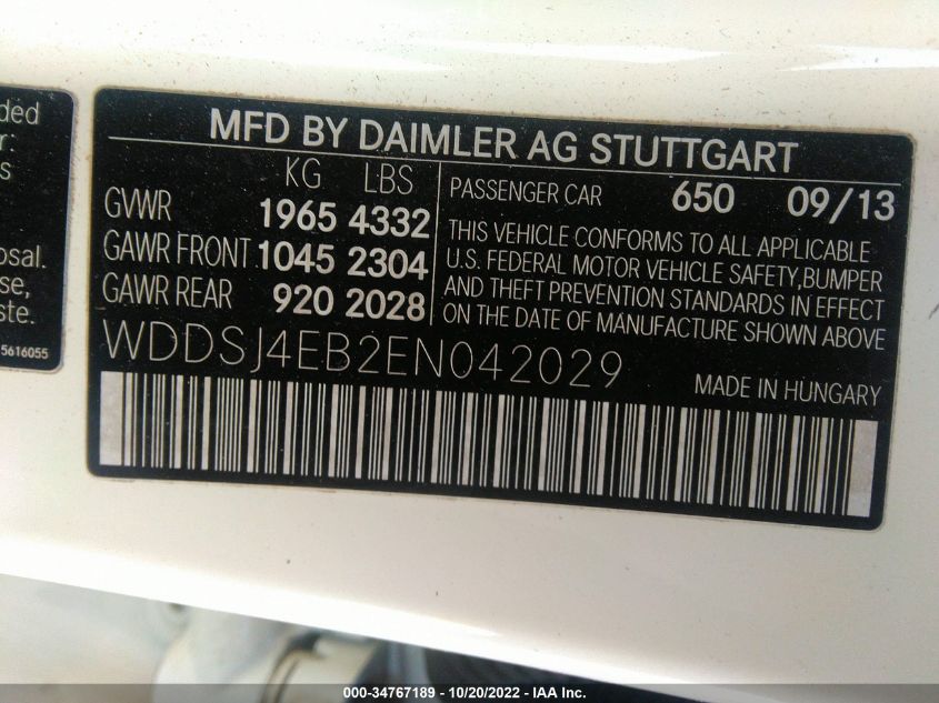 2014 MERCEDES-BENZ CLA-CLASS CLA 250 WDDSJ4EB2EN042029