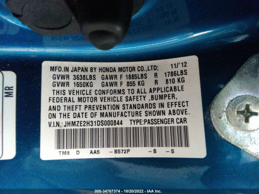 2013 HONDA INSIGHT JHMZE2H31DS000844