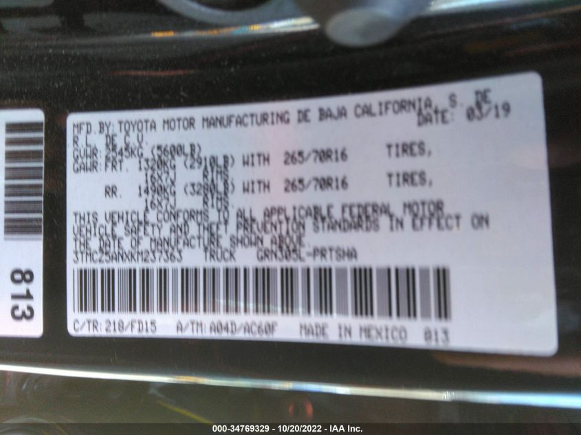 2019 TOYOTA TACOMA 4WD TRD OFF ROAD 3TMCZ5ANXKM237363