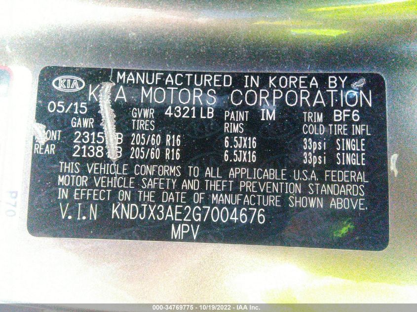 2016 KIA SOUL EV + KNDJX3AE2G7004676