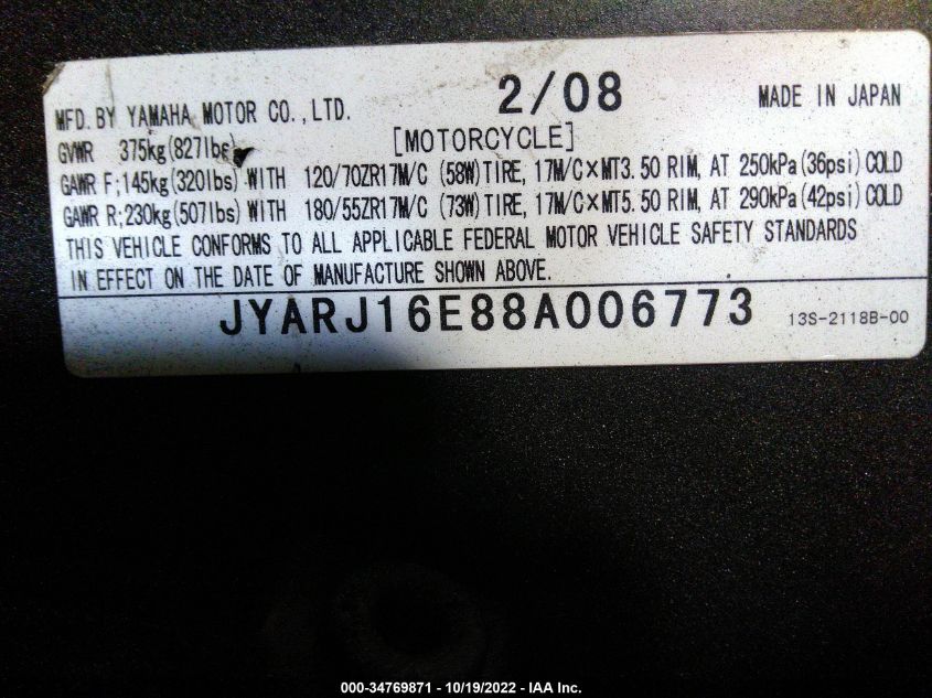 2008 YAMAHA YZFR6 JYARJ16E88A006773