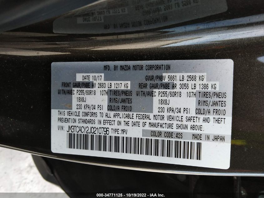 2018 MAZDA CX-9 TOURING JM3TCACY2J0210796