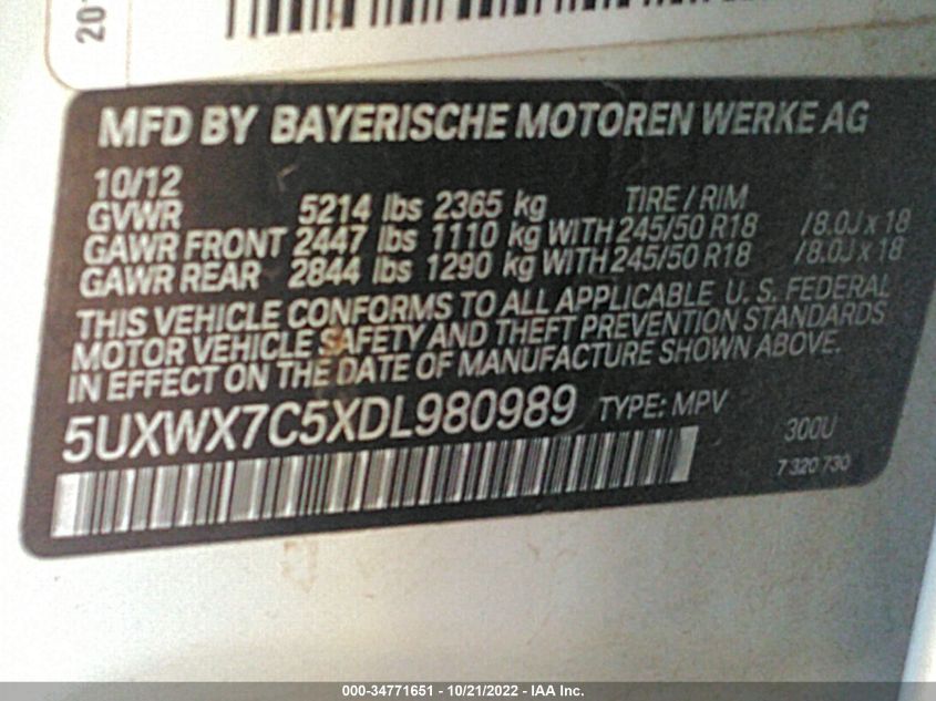2013 BMW X3 XDRIVE35I - 5UXWX7C5XDL980989