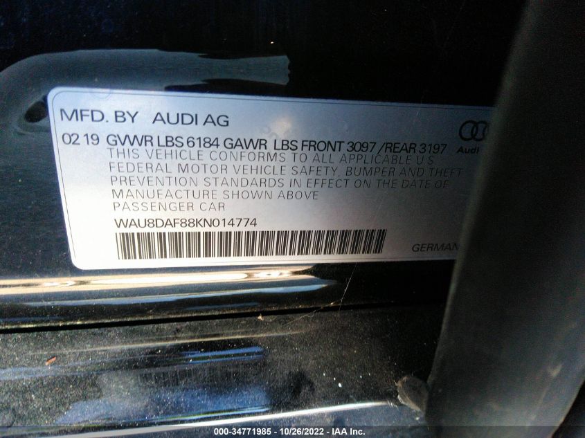 WAU8DAF88KN014774 Audi A8 2019. Фото: 8