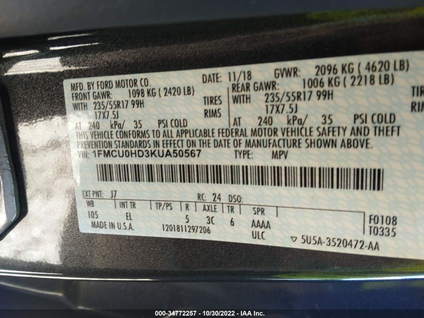 2019 FORD ESCAPE SEL 1FMCU0HD3KUA50567