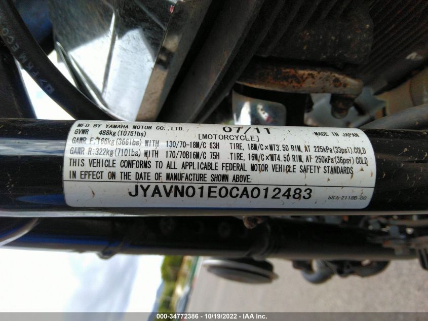 2012 YAMAHA XVS950 A/CT JYAVN01E0CA012483