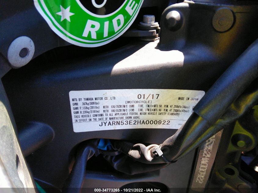 2017 YAMAHA FZ09 JYARN53E2HA000922