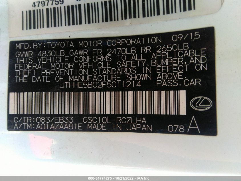2015 LEXUS RC 350 JTHHE5BC2F5011214