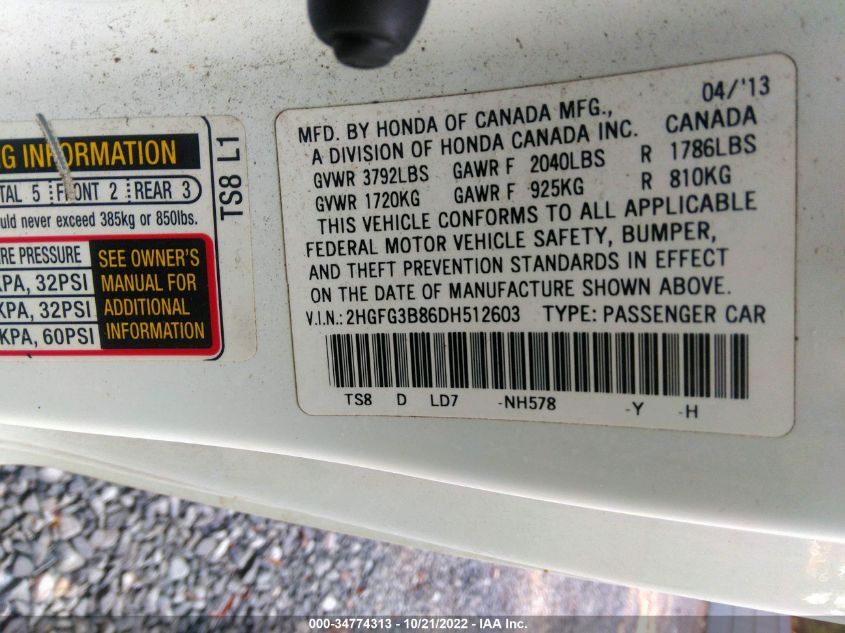 2013 HONDA CIVIC CPE EX 2HGFG3B86DH512603