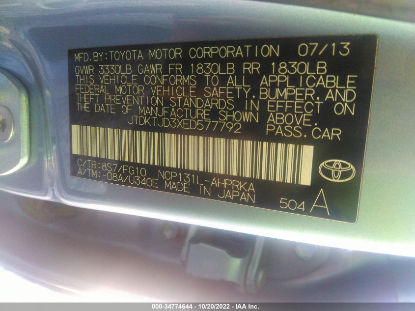 2014 TOYOTA YARIS L/SE/LE JTDKTUD3XED577792