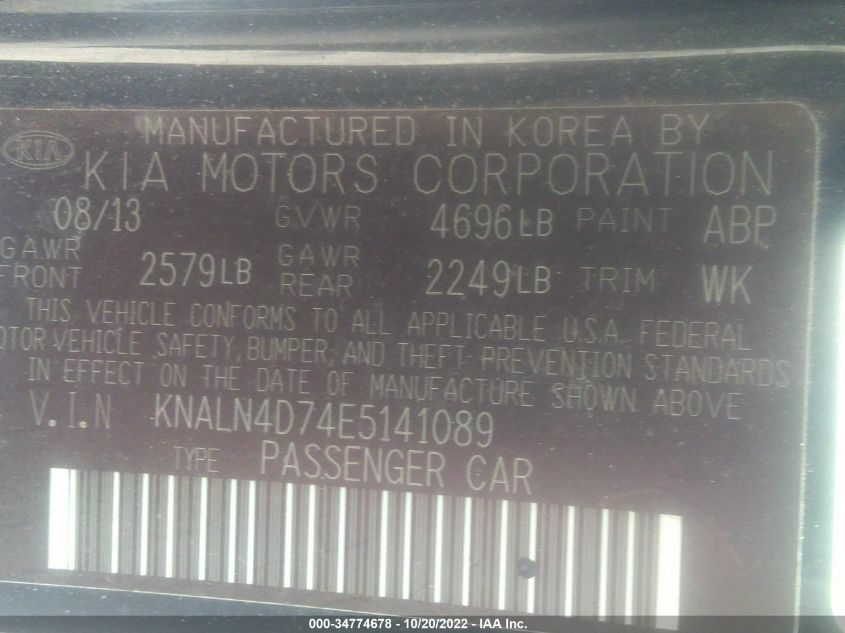 2014 KIA CADENZA LIMITED KNALN4D74E5141089