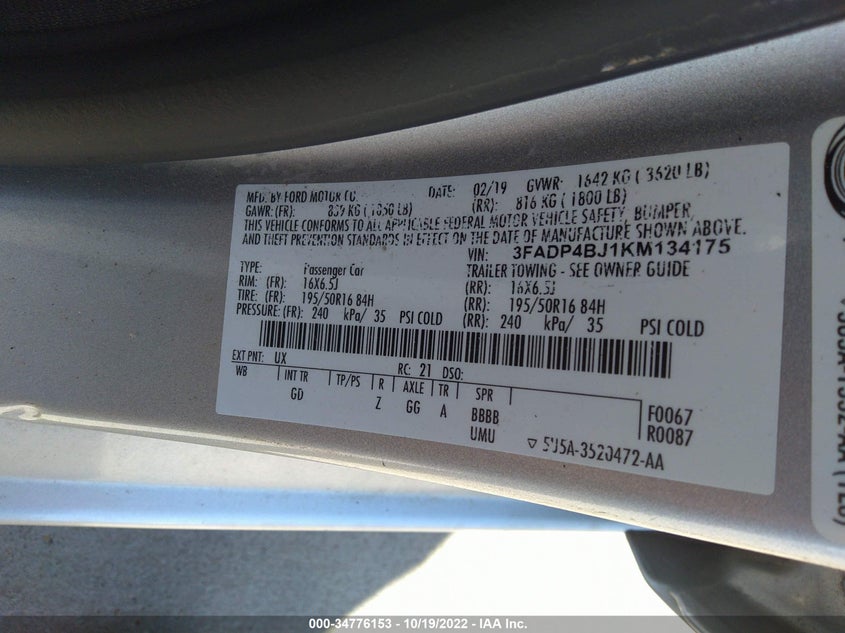 VIN 3FADP4BJ1KM134175 2019 FORD FIESTA SE