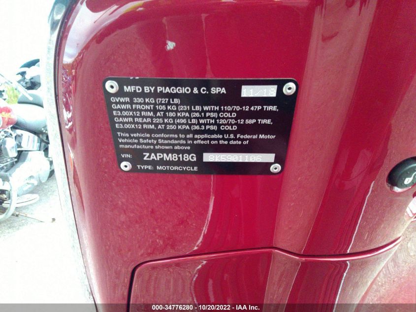 2019 VESPA GRANTURISMO ZAPM818G8K5901106
