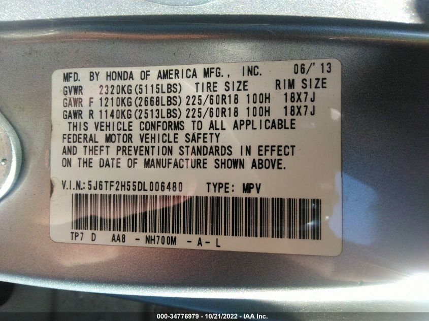 2013 HONDA CROSSTOUR EX-L 5J6TF2H55DL006480