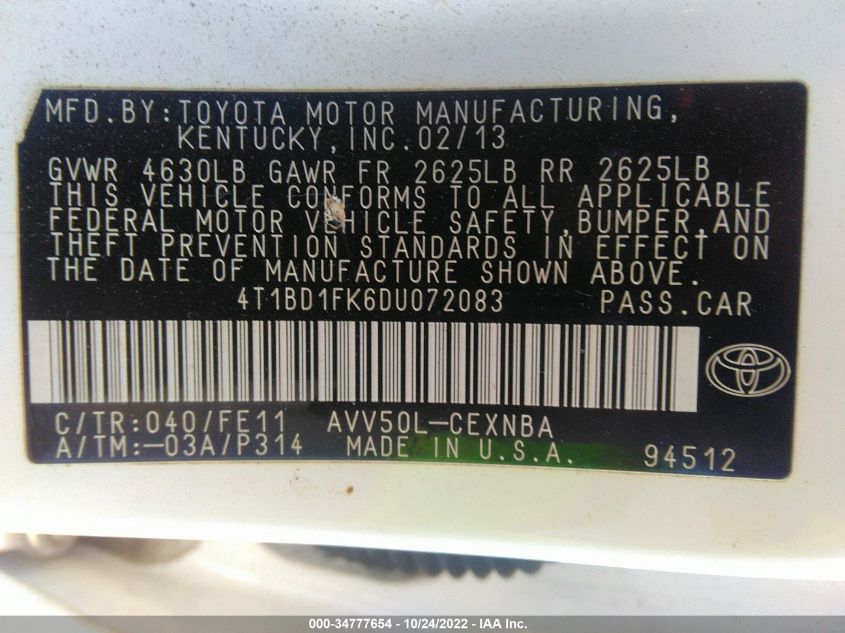 2013 TOYOTA CAMRY HYBRID LE/XLE 4T1BD1FK6DU072083