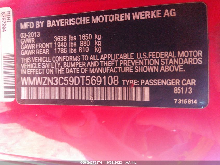 2013 MINI COOPER CONVERTIBLE WMWZN3C59DT569108