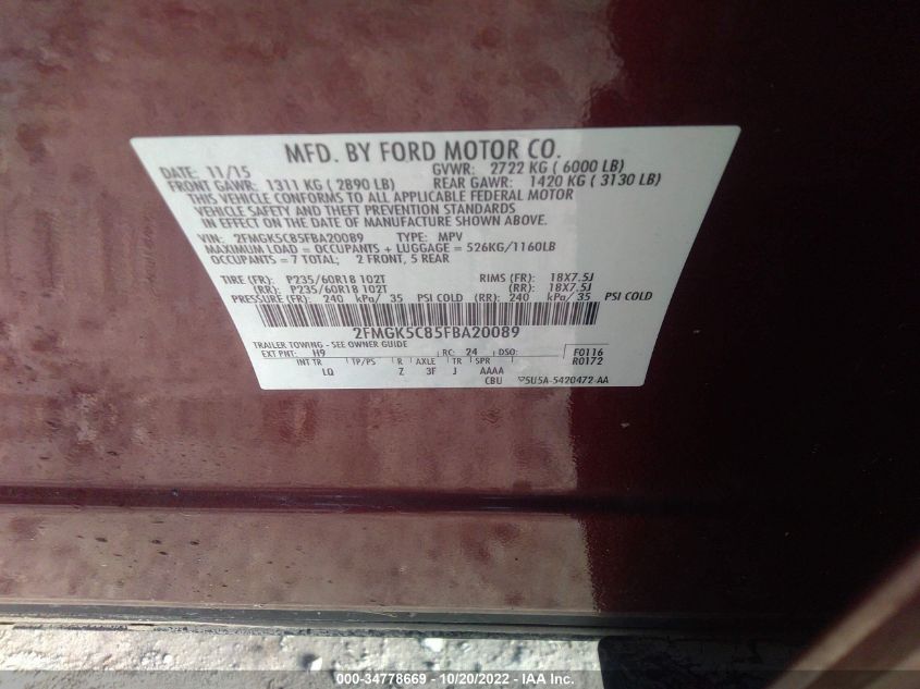 2015 FORD FLEX SEL 2FMGK5C85FBA20089