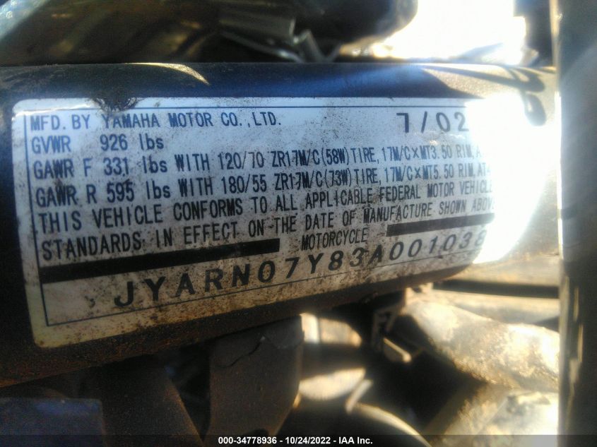 2003 YAMAHA FZS10 JYARN07Y83A001038