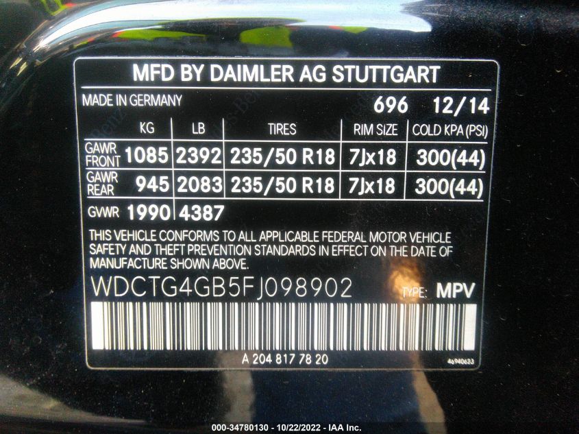 2015 MERCEDES-BENZ GLA-CLASS GLA 250 WDCTG4GB5FJ098902