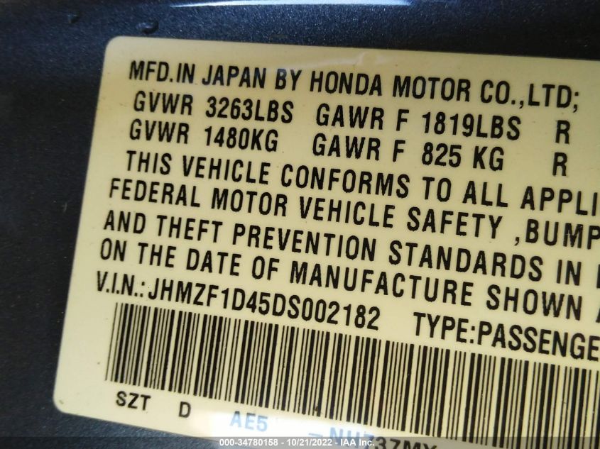 2013 HONDA CR-Z JHMZF1D45DS002182