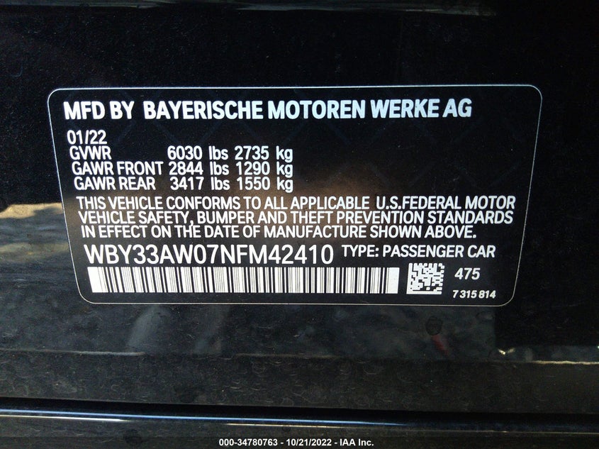 Auction sale of the 2022 BMW I4 , vin: WBY33AW07NFM42410, lot number: 34780763