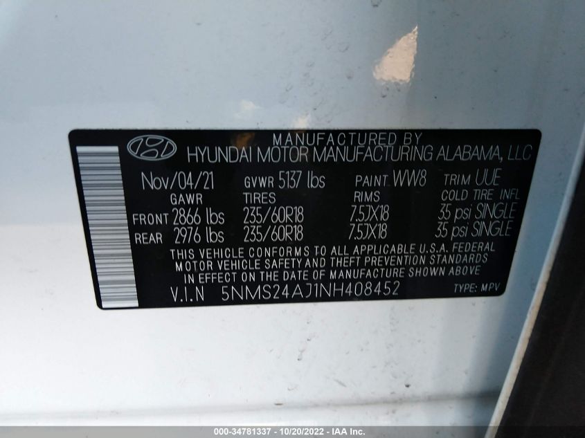 VIN 5NMS24AJ1NH408452 2022 HYUNDAI SANTA FE SEL