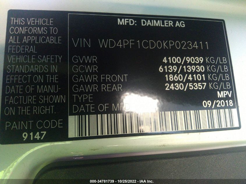 VIN WD4PF1CD0KP023411 2019 MERCEDES-BENZ SPRINTER VAN