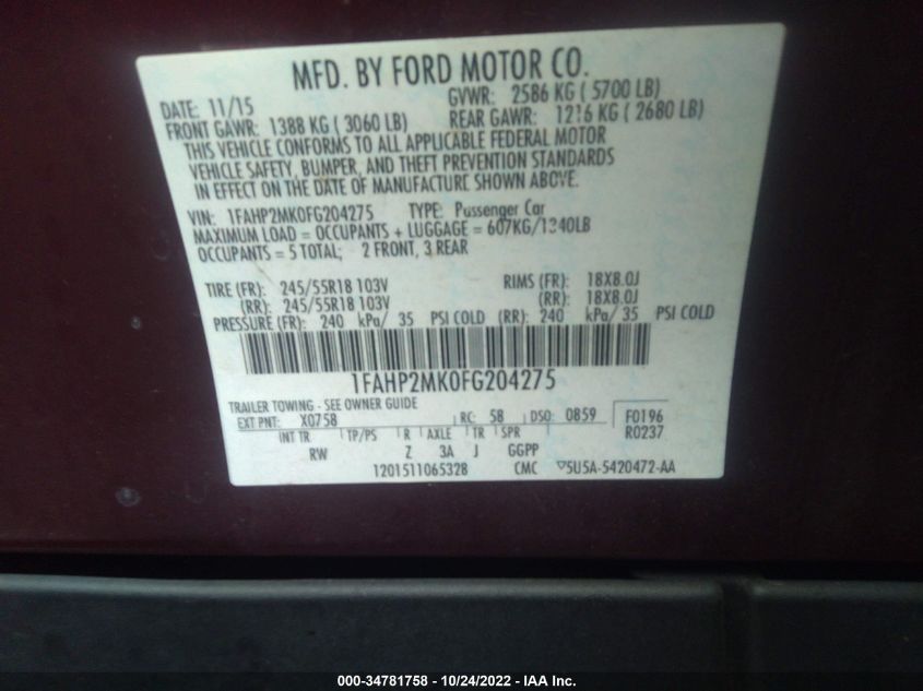 2015 FORD SEDAN POLICE INTERCEPTOR 1FAHP2MK0FG204275
