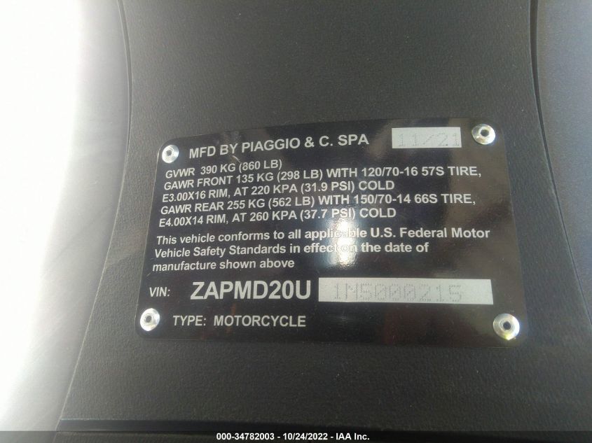 2022 PIAGGIO BV ZAPMD20U1N5000215
