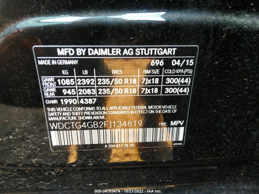 2015 MERCEDES-BENZ GLA-CLASS GLA 250 WDCTG4GB2FJ134819