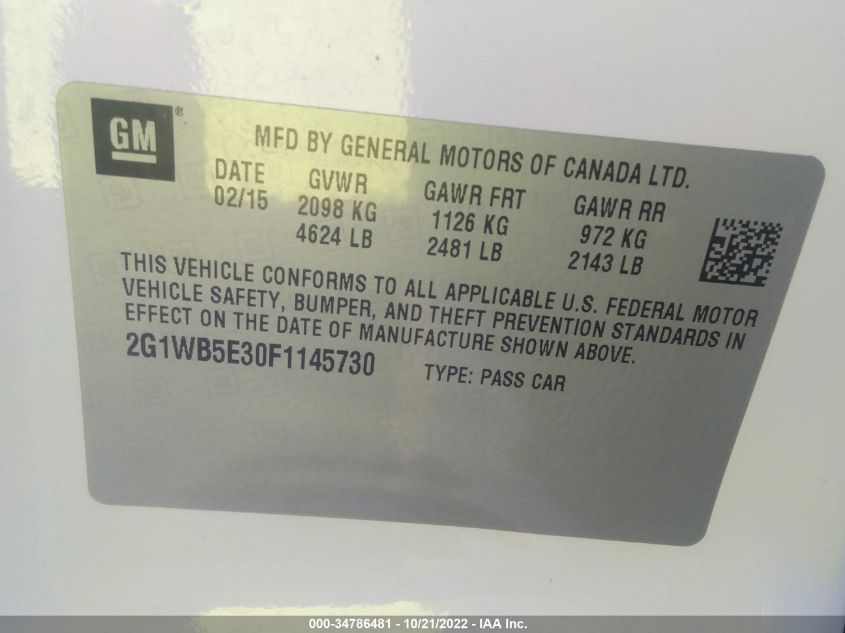 2015 CHEVROLET IMPALA LIMITED LT 2G1WB5E30F1145730