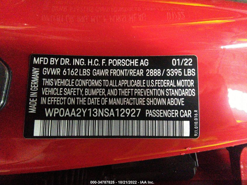 2022 PORSCHE TAYCAN WP0AA2Y13NSA12927