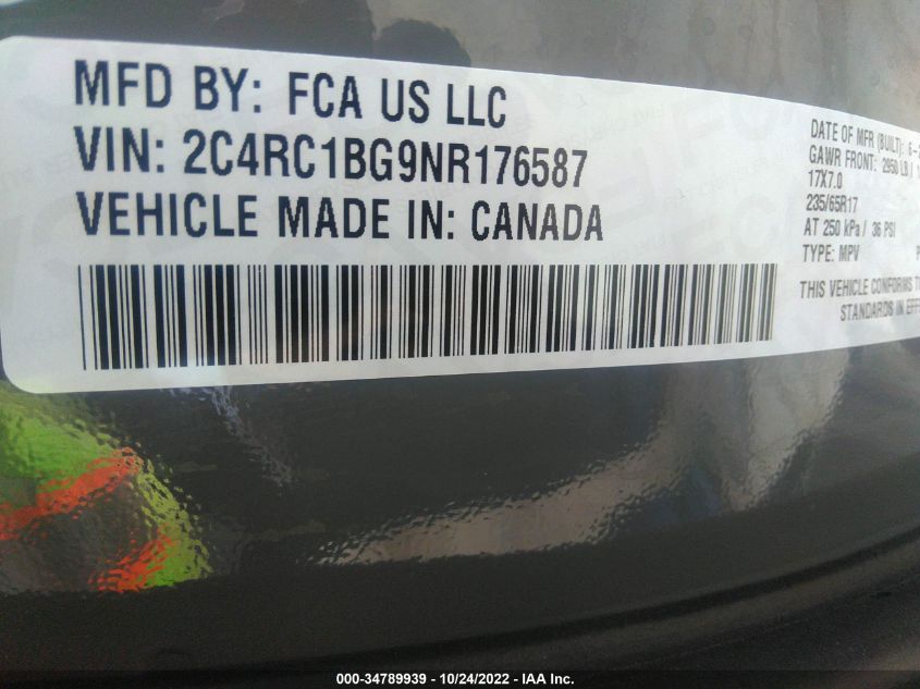 VIN 2C4RC1BG9NR176587 2022 CHRYSLER PACIFICA no.9